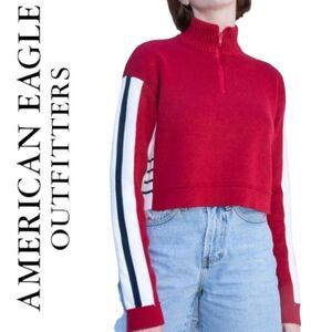 AMERICAN EAGLE STRIPE SLEEVE x COLLAR HALF ZIP RED COZY KNIT SWEATER Y2K 90S